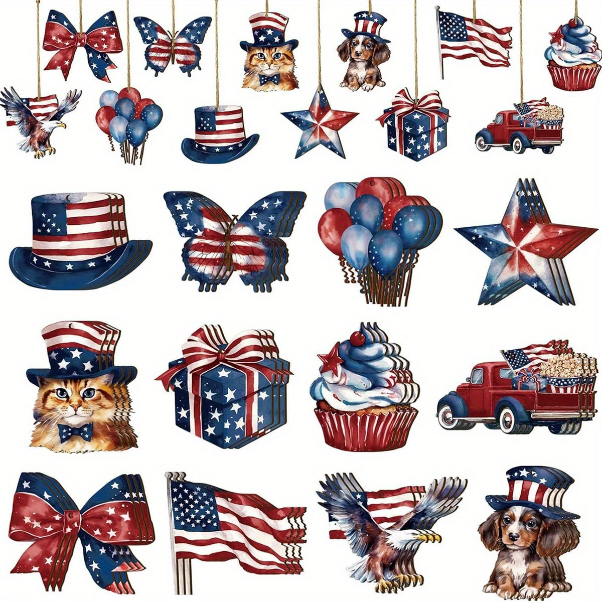 Patriotic Wooden Hanging Ornaments - Red, White & Blue American Flag Decorations for 4th of July, Memorial Day, and Independence Day Celebrations