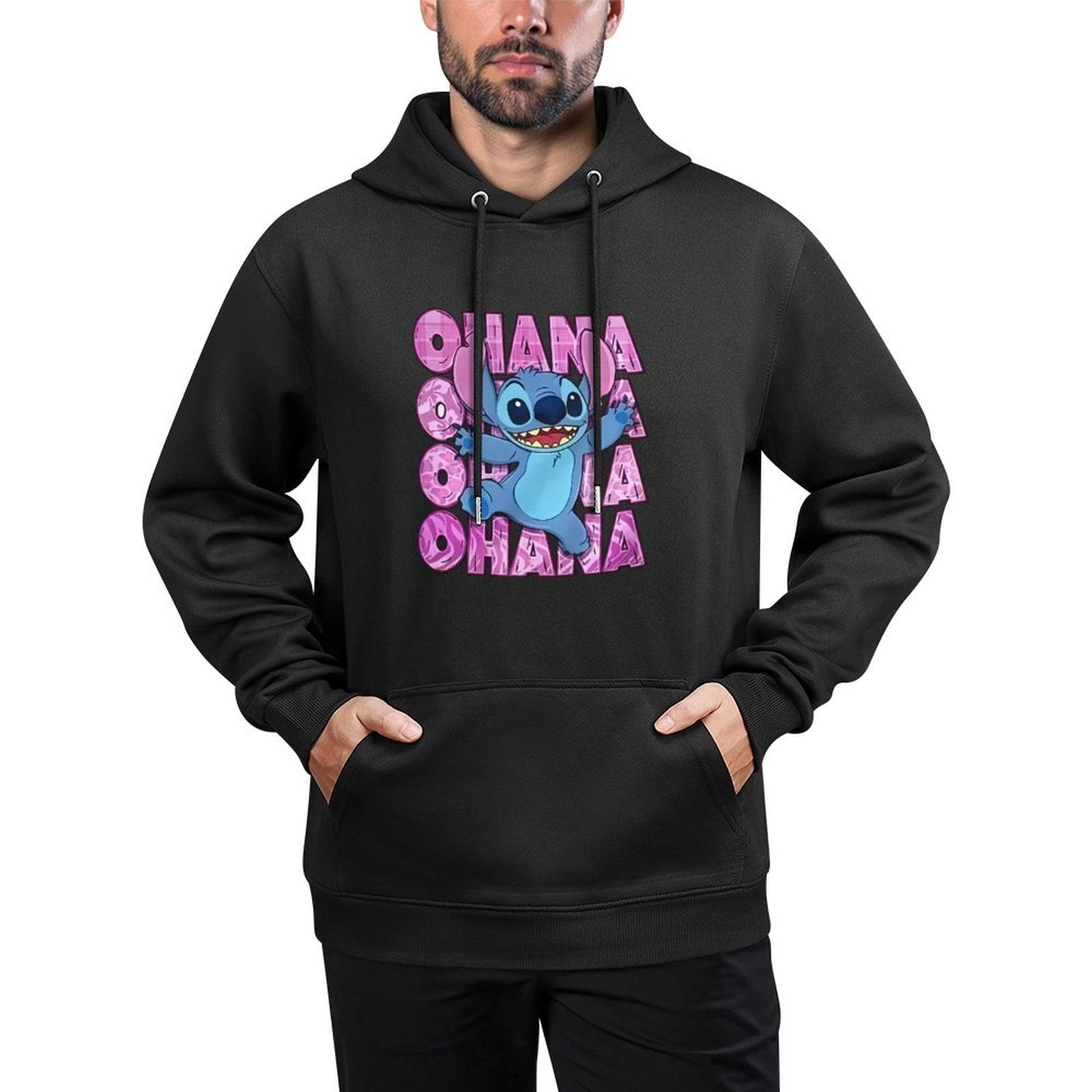 Disney Men'S Black Retro Pullover Hoodie with Stitch Ohana Disney Friends Digital Print, Soft Regular Fit Casual Sweatshirt, Machine Washable, Disney Sweatshirt