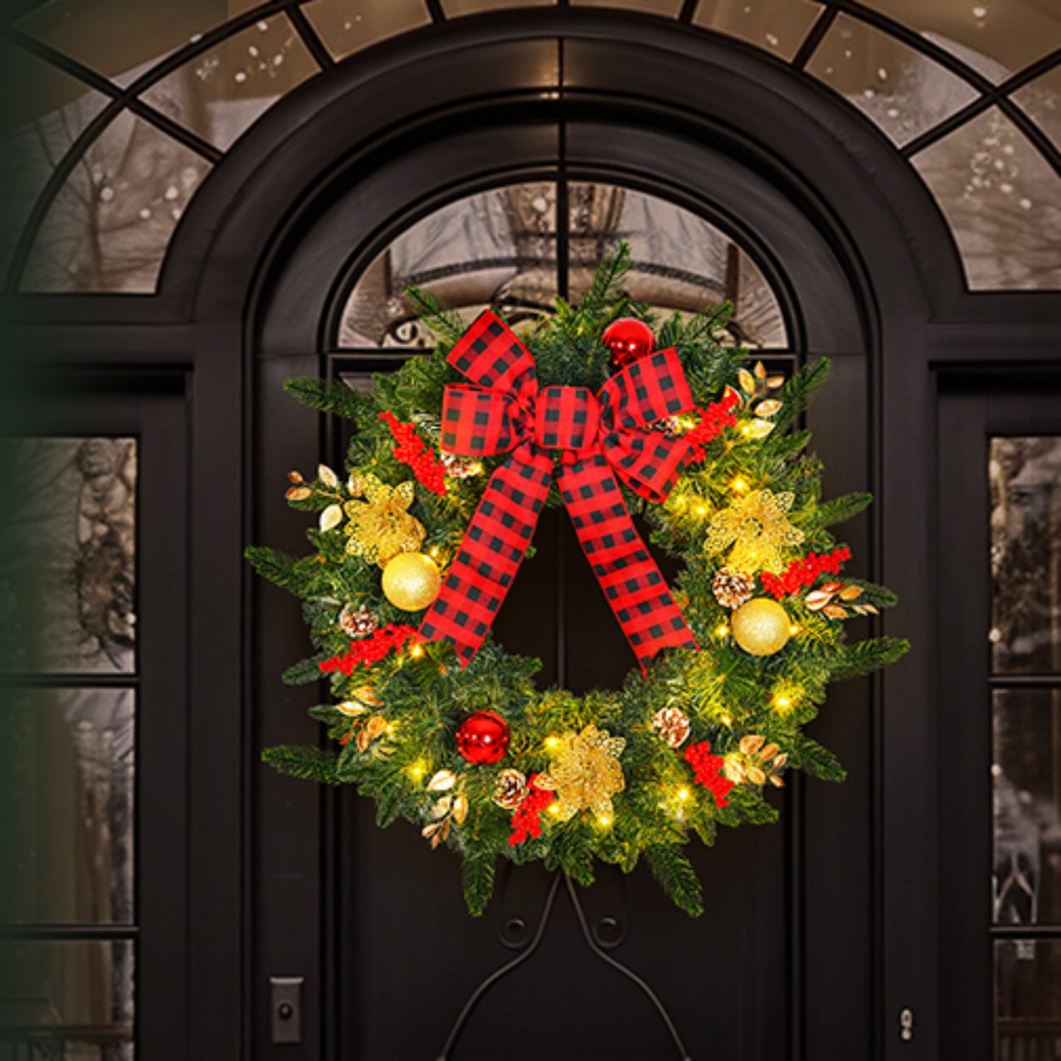 28inch 8 Modes Extra Large Pre-lit Christmas Wreath Artificial Deluxe Lighted Christmas Wreath Decorations Ornament with LED Lights Door Window Fireplace Decor Timer Function