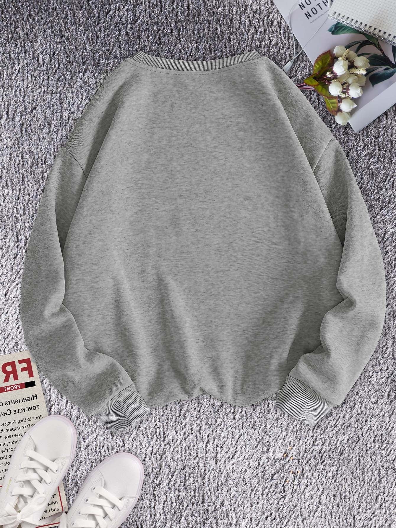 Women's Plus Size Embroidered Letter R Geometric Pattern Sweatshirt - Black & White Casual Long Sleeve Round Neck Pullover, Machine Washable Fall Winter Fashion Top, Cute Sweatshirts, Everyday Comfort, Relaxed Fit, Textured L