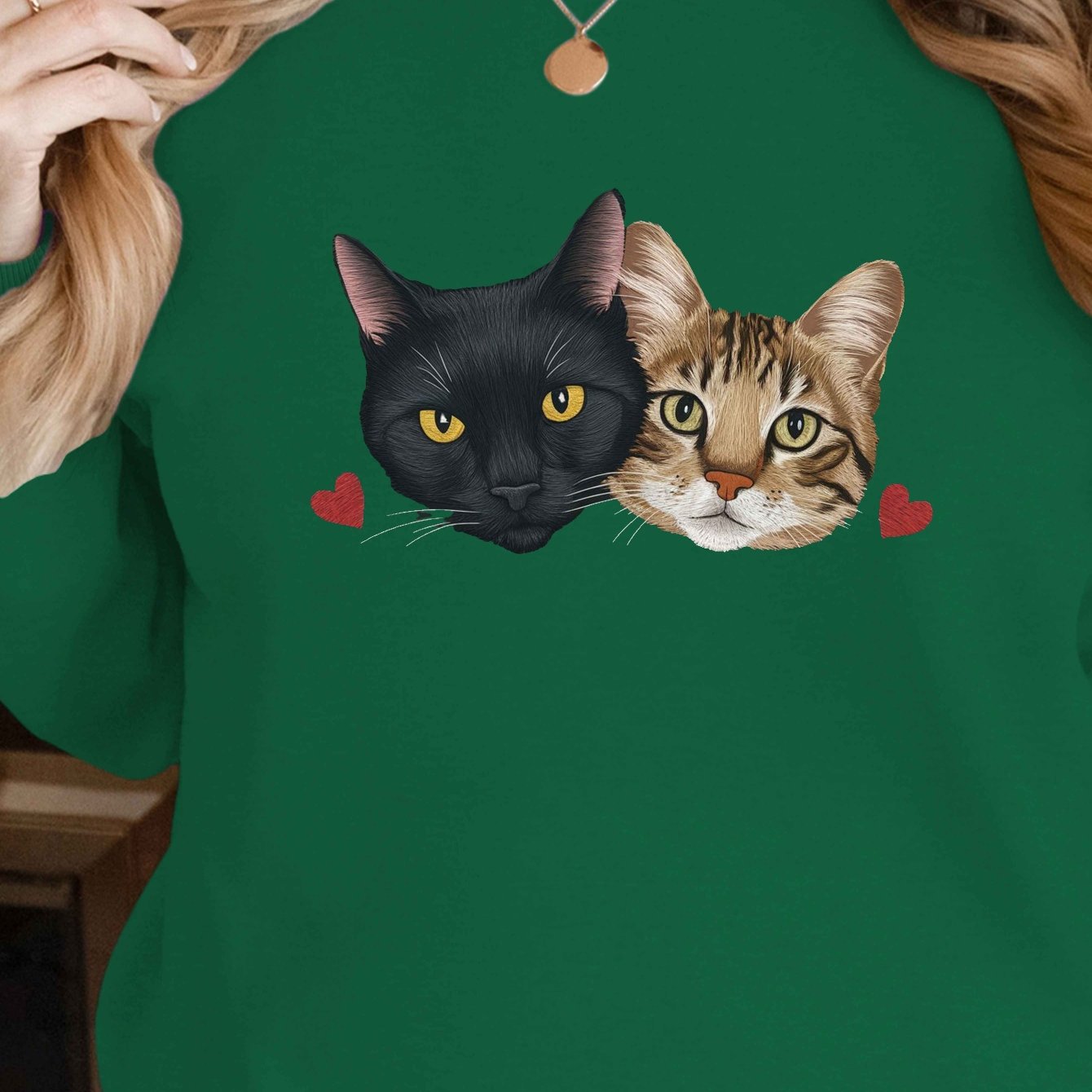 Women's Embroidered Cat Faces Sweatshirt, 250g Polyester, Round Neck, Casual Style for Fall/Winter - Machine Washable