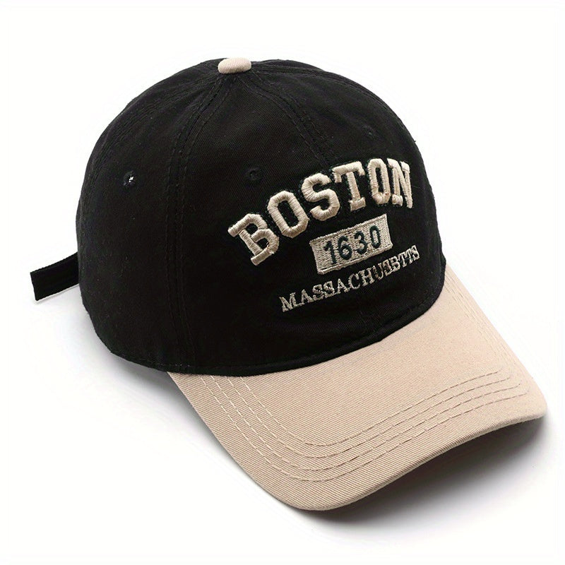 Boston 1630 Embroidered Baseball Cap, Unisex Polyester Adjustable Street Retro Hat, Lightweight Sun Visor Cap for Outdoor Travel, Hand Washable, Stripe Craftsmanship, Occasion Theme