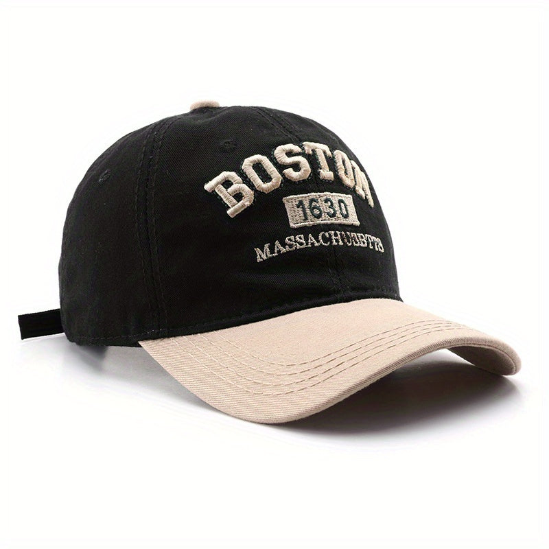 Boston 1630 Embroidered Baseball Cap, Unisex Polyester Adjustable Street Retro Hat, Lightweight Sun Visor Cap for Outdoor Travel, Hand Washable, Stripe Craftsmanship, Occasion Theme