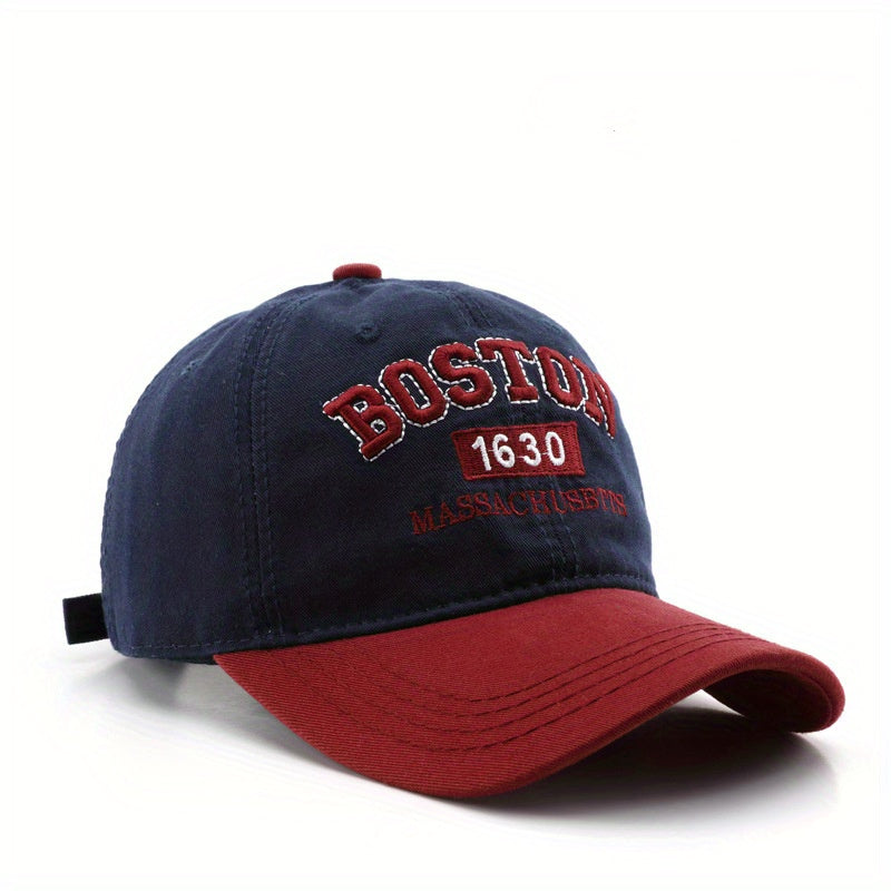 Boston 1630 Embroidered Baseball Cap, Unisex Polyester Adjustable Street Retro Hat, Lightweight Sun Visor Cap for Outdoor Travel, Hand Washable, Stripe Craftsmanship, Occasion Theme