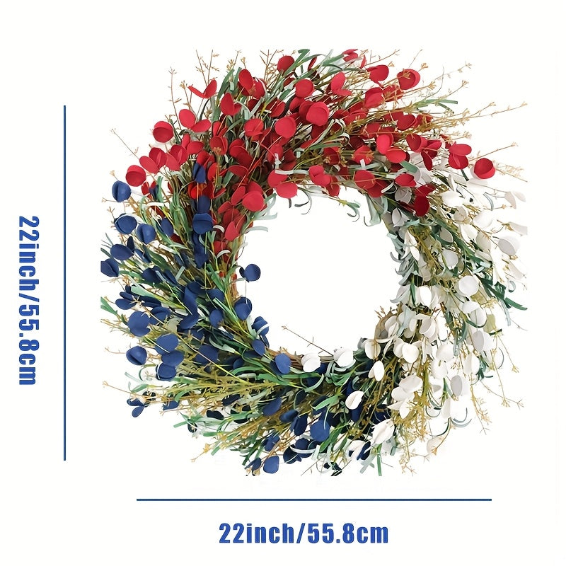 22-inch American Flag Wreath, Patriotic Decor Wreath, Red White And Blue Artificial Floral Stems Wreath. Perfect for 4th Of July Independence Day, Memorial Day, And Flag Day Decorations. This Handcrafted Memorial Day Home Dec