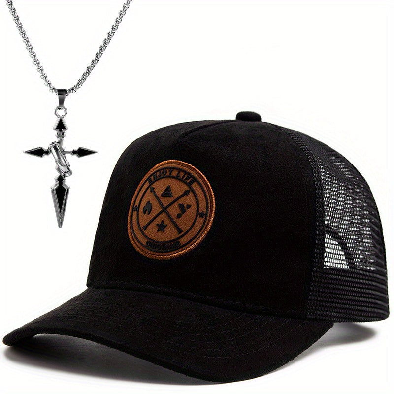 2pcs Men's Street Style Baseball Cap and Cross Necklace Set - Trendy Suede Snapback with Mesh Back, Black & White Design, Fashion Accessory