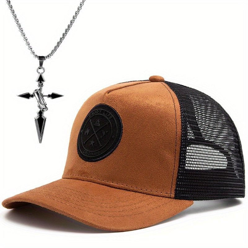 2pcs Men's Street Style Baseball Cap and Cross Necklace Set - Trendy Suede Snapback with Mesh Back, Black & White Design, Fashion Accessory