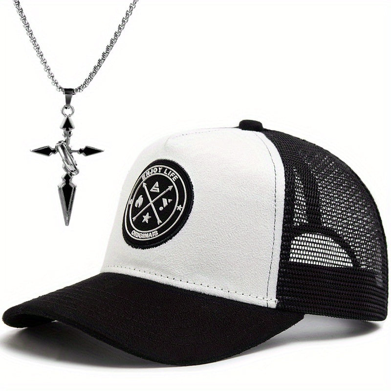 2pcs Men's Street Style Baseball Cap and Cross Necklace Set - Trendy Suede Snapback with Mesh Back, Black & White Design, Fashion Accessory