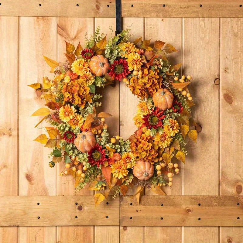 17.7in Artificial Fall Wreath, Autumn Maples Leaf Pumpkin Pine Cone Berry Wreath for Front Door, Fall Decorations Thanksgiving Halloween Decor