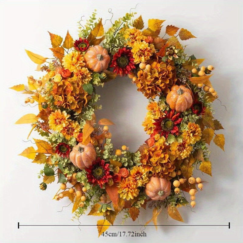 17.7in Artificial Fall Wreath, Autumn Maples Leaf Pumpkin Pine Cone Berry Wreath for Front Door, Fall Decorations Thanksgiving Halloween Decor