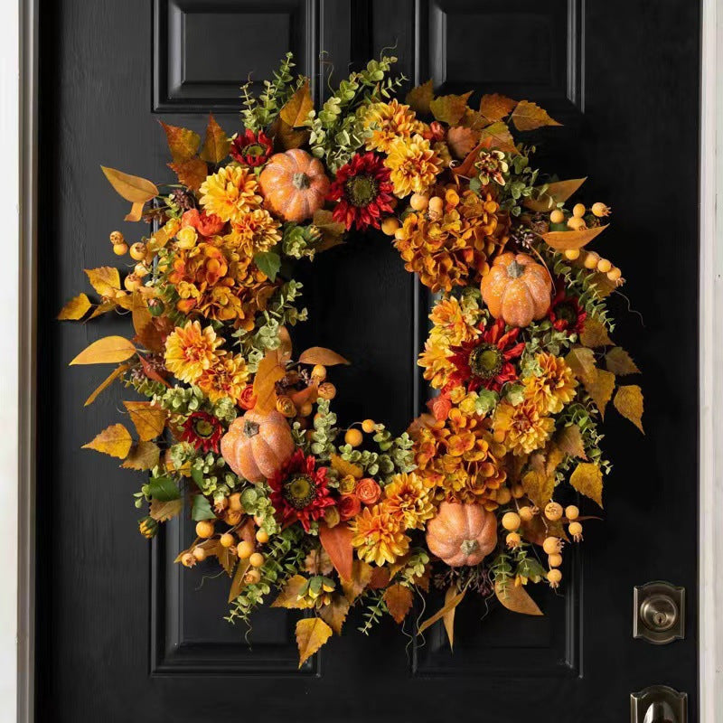 17.7in Artificial Fall Wreath, Autumn Maples Leaf Pumpkin Pine Cone Berry Wreath for Front Door, Fall Decorations Thanksgiving Halloween Decor