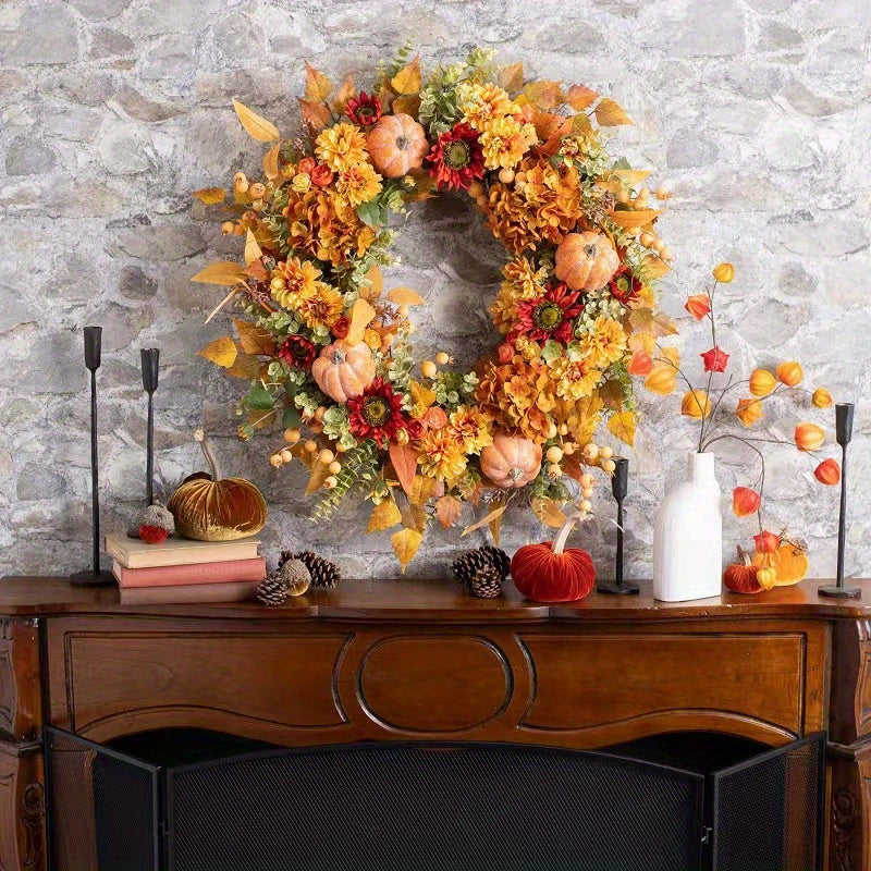 17.7in Artificial Fall Wreath, Autumn Maples Leaf Pumpkin Pine Cone Berry Wreath for Front Door, Fall Decorations Thanksgiving Halloween Decor
