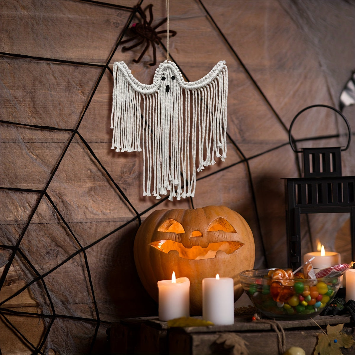 Halloween Hand-woven Cotton Ghost Hanging Ornaments, White Ghost Wall Hanging Holiday Scene Arrangement Decorations, Halloween Holiday Decor, Indoor & Outdoor Universal