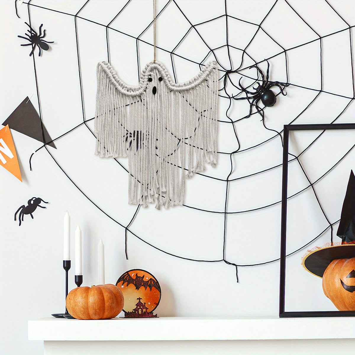 Halloween Hand-woven Cotton Ghost Hanging Ornaments, White Ghost Wall Hanging Holiday Scene Arrangement Decorations, Halloween Holiday Decor, Indoor & Outdoor Universal