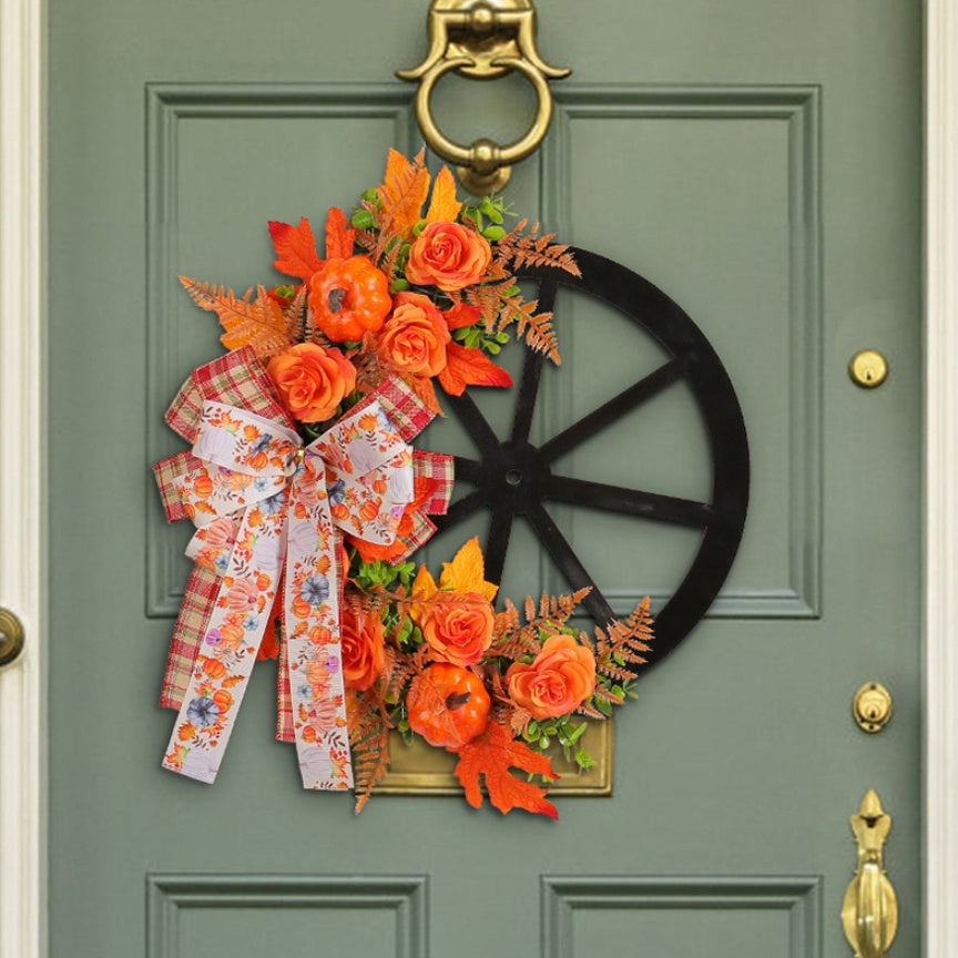 Artificial Flower Thanksgiving Fall Harvest Festival Pumpkin Wreath - Wheel Door Wall Hanging Decor with Simulation Flower Bowknot Design, Simulated Green Plant, Pumpkin Design for Indoor/ Outdoor Decoration