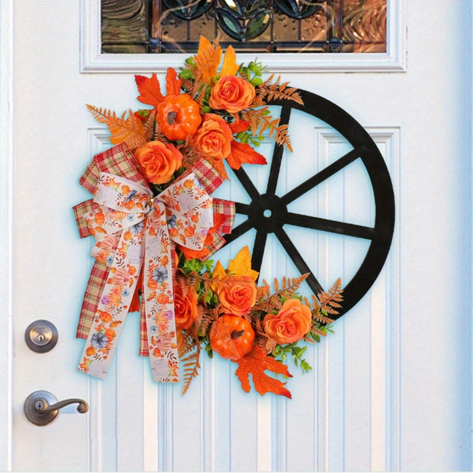 Artificial Flower Thanksgiving Fall Harvest Festival Pumpkin Wreath - Wheel Door Wall Hanging Decor with Simulation Flower Bowknot Design, Simulated Green Plant, Pumpkin Design for Indoor/ Outdoor Decoration