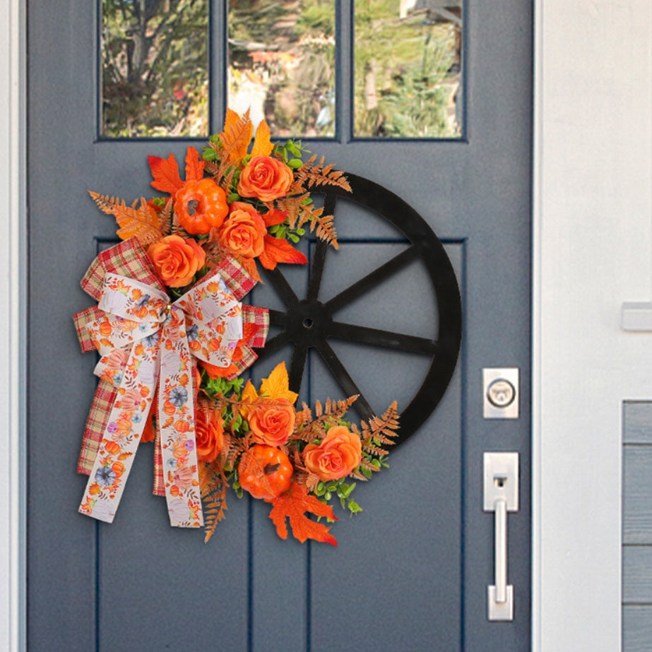 Artificial Flower Thanksgiving Fall Harvest Festival Pumpkin Wreath - Wheel Door Wall Hanging Decor with Simulation Flower Bowknot Design, Simulated Green Plant, Pumpkin Design for Indoor/ Outdoor Decoration