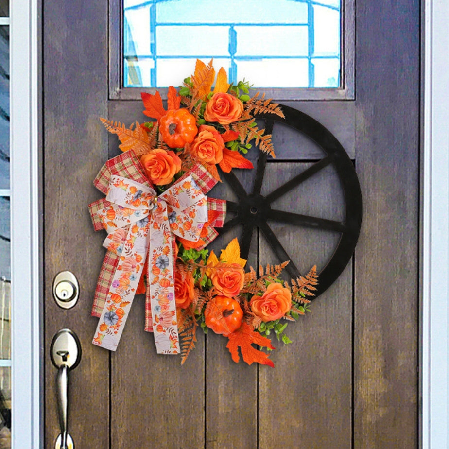 Artificial Flower Thanksgiving Fall Harvest Festival Pumpkin Wreath - Wheel Door Wall Hanging Decor with Simulation Flower Bowknot Design, Simulated Green Plant, Pumpkin Design for Indoor/ Outdoor Decoration
