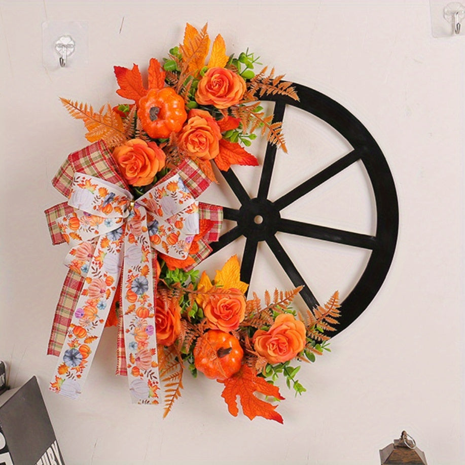 Artificial Flower Thanksgiving Fall Harvest Festival Pumpkin Wreath - Wheel Door Wall Hanging Decor with Simulation Flower Bowknot Design, Simulated Green Plant, Pumpkin Design for Indoor/ Outdoor Decoration
