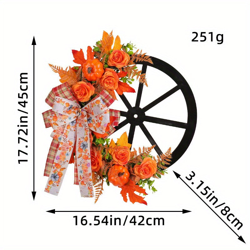 Artificial Flower Thanksgiving Fall Harvest Festival Pumpkin Wreath - Wheel Door Wall Hanging Decor with Simulation Flower Bowknot Design, Simulated Green Plant, Pumpkin Design for Indoor/ Outdoor Decoration