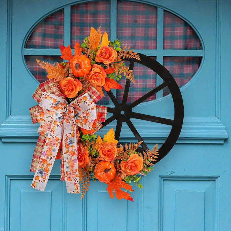 Artificial Flower Thanksgiving Fall Harvest Festival Pumpkin Wreath - Wheel Door Wall Hanging Decor with Simulation Flower Bowknot Design, Simulated Green Plant, Pumpkin Design for Indoor/ Outdoor Decoration