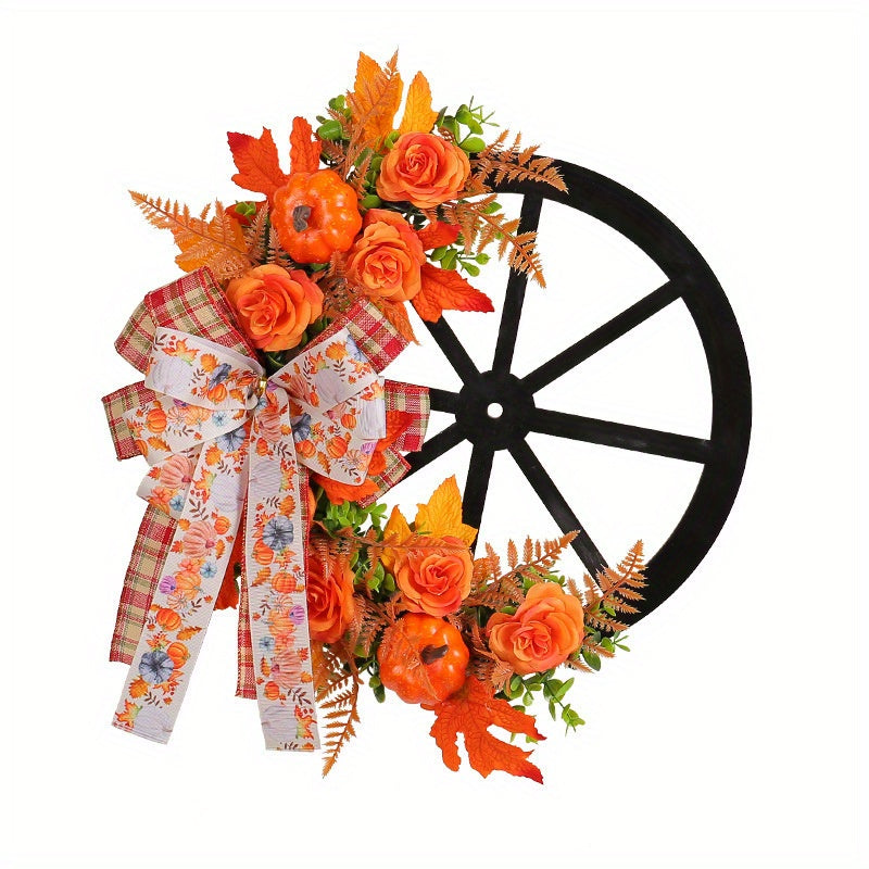 Artificial Flower Thanksgiving Fall Harvest Festival Pumpkin Wreath - Wheel Door Wall Hanging Decor with Simulation Flower Bowknot Design, Simulated Green Plant, Pumpkin Design for Indoor/ Outdoor Decoration