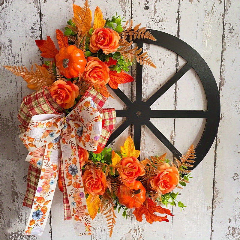 Artificial Flower Thanksgiving Fall Harvest Festival Pumpkin Wreath - Wheel Door Wall Hanging Decor with Simulation Flower Bowknot Design, Simulated Green Plant, Pumpkin Design for Indoor/ Outdoor Decoration