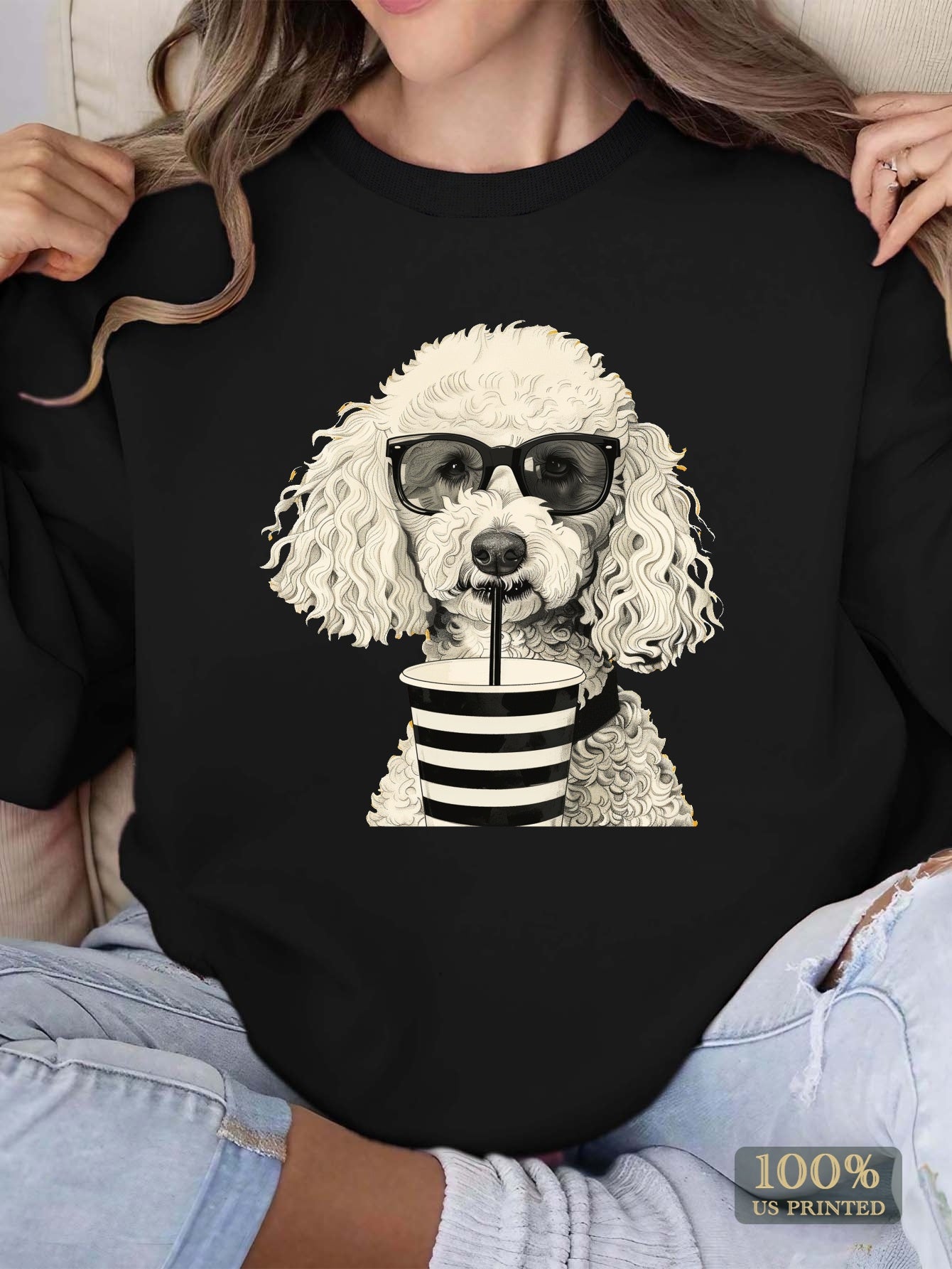 white poodle with sunglasses women's sweatshirts