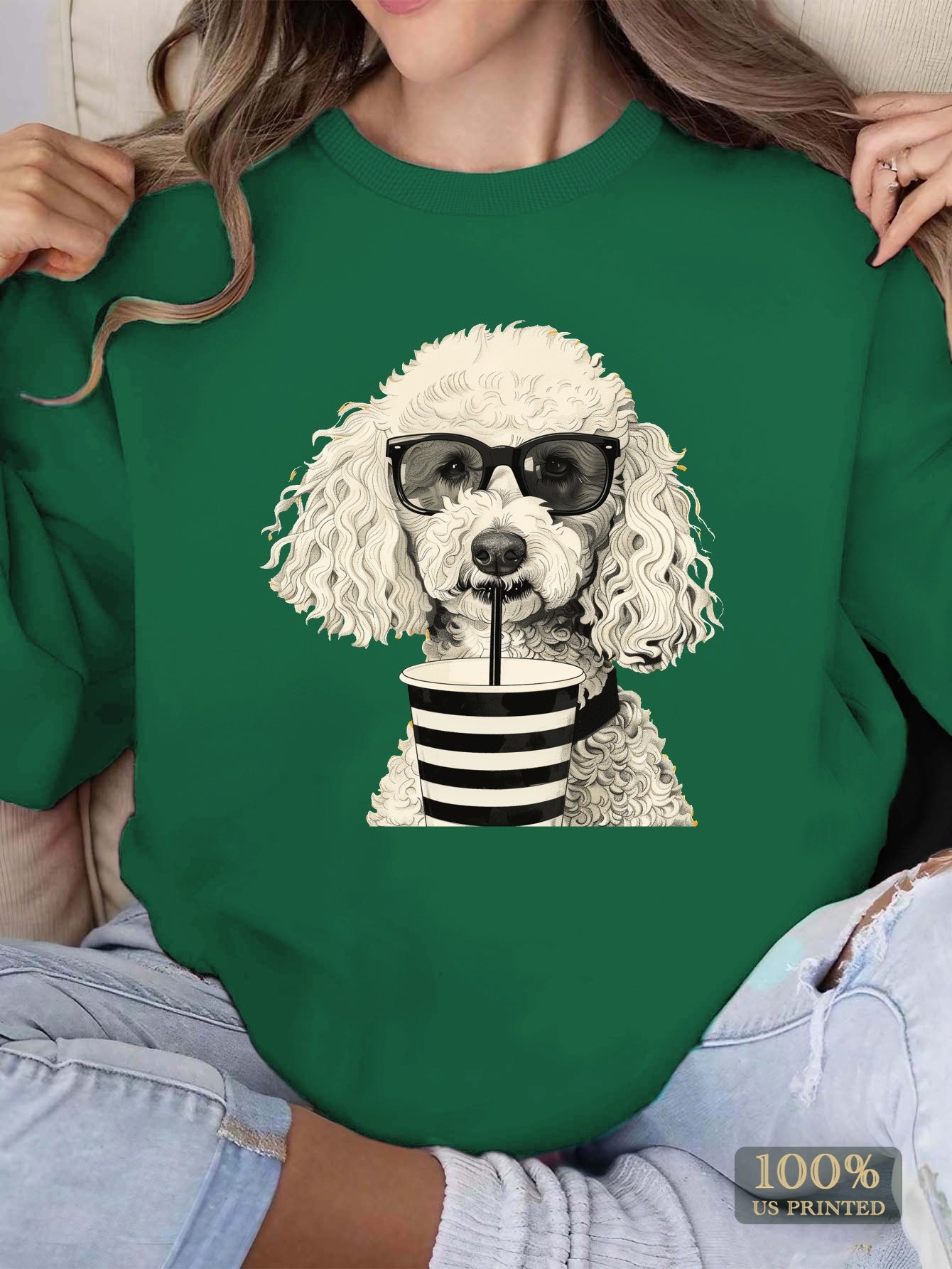 white poodle with sunglasses women's sweatshirts