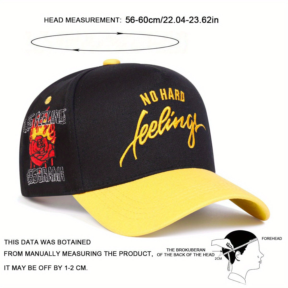 Men Letter NO HARD Side Rose Embroidered Baseball Cap, Outdoor Sport Adjustable Sunscreen Leisure Hat, For Spring Autumn Travel Tourism Beach Vacation