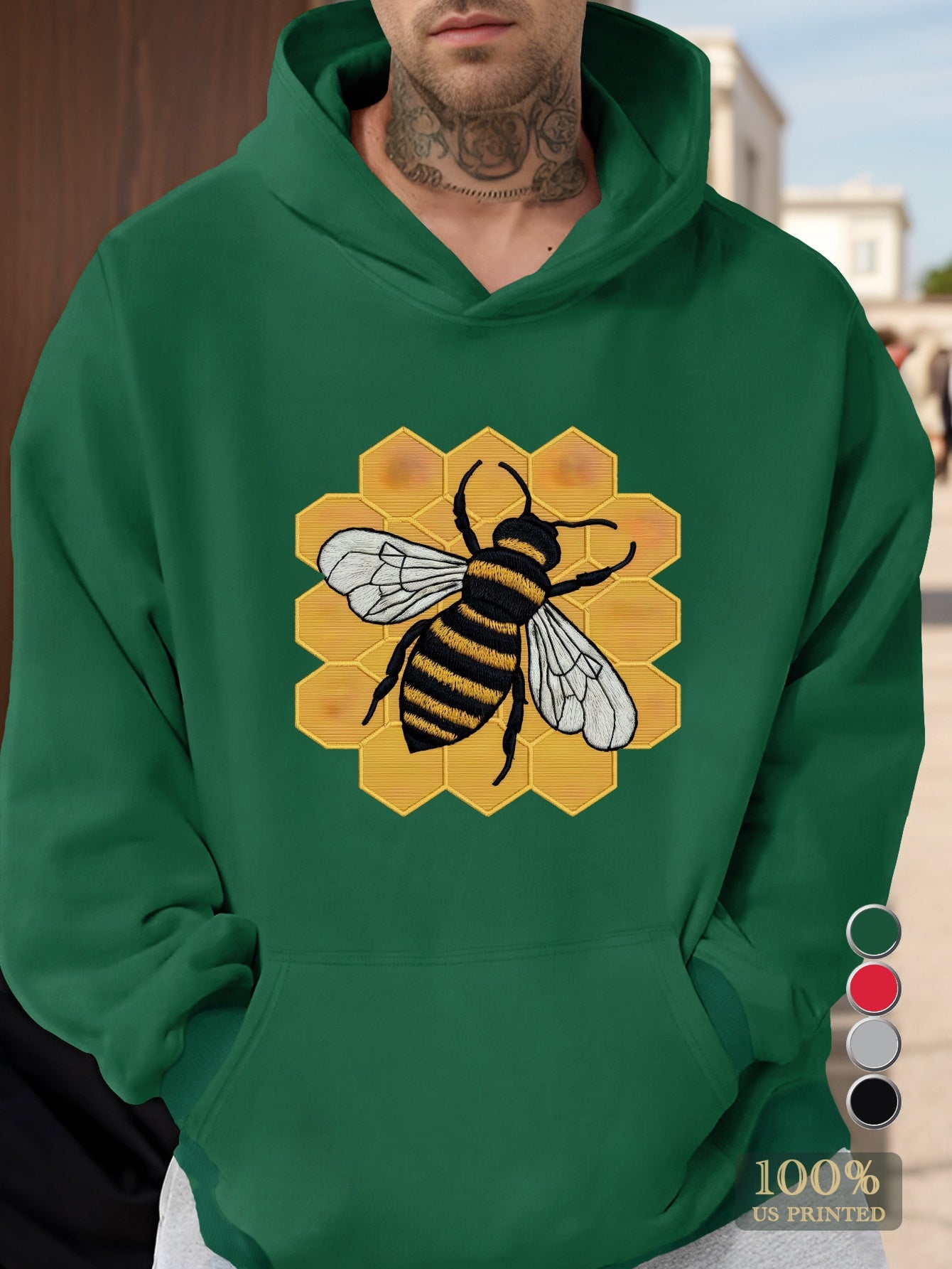 honeycomb detailed embroidered bee illustration men's hoodies