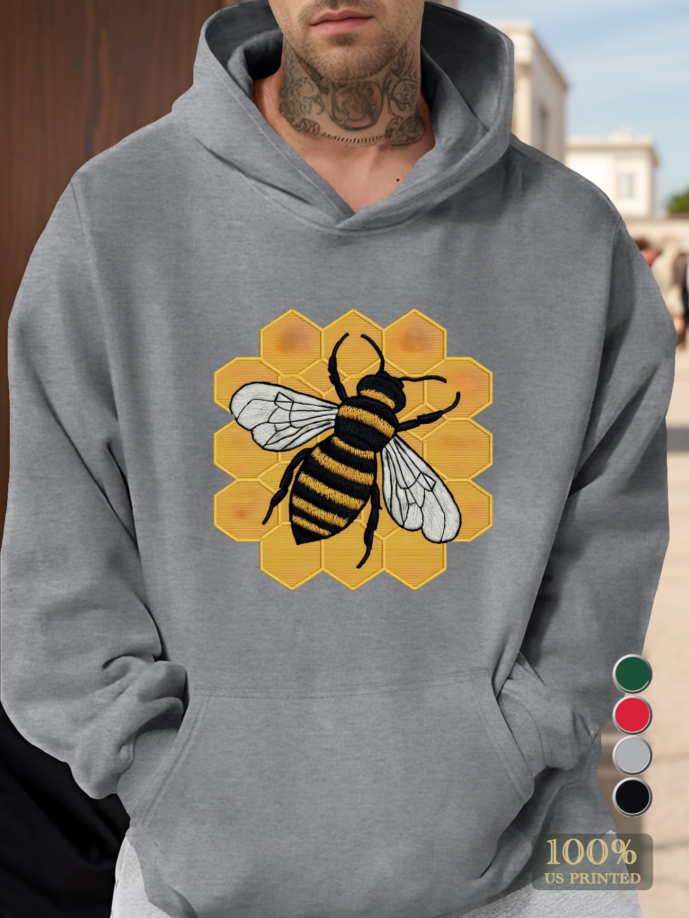 honeycomb detailed embroidered bee illustration men's hoodies
