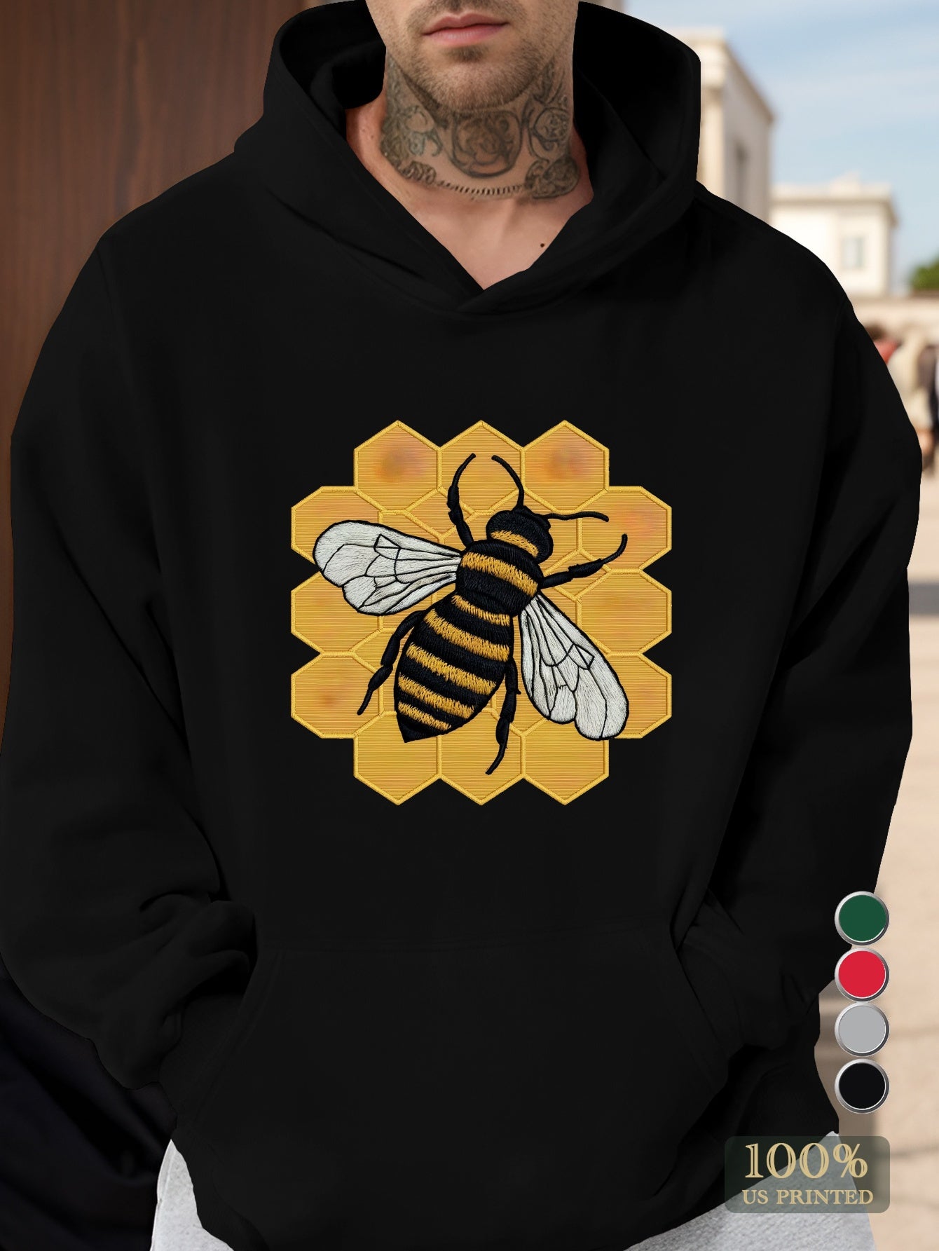 honeycomb detailed embroidered bee illustration men's hoodies