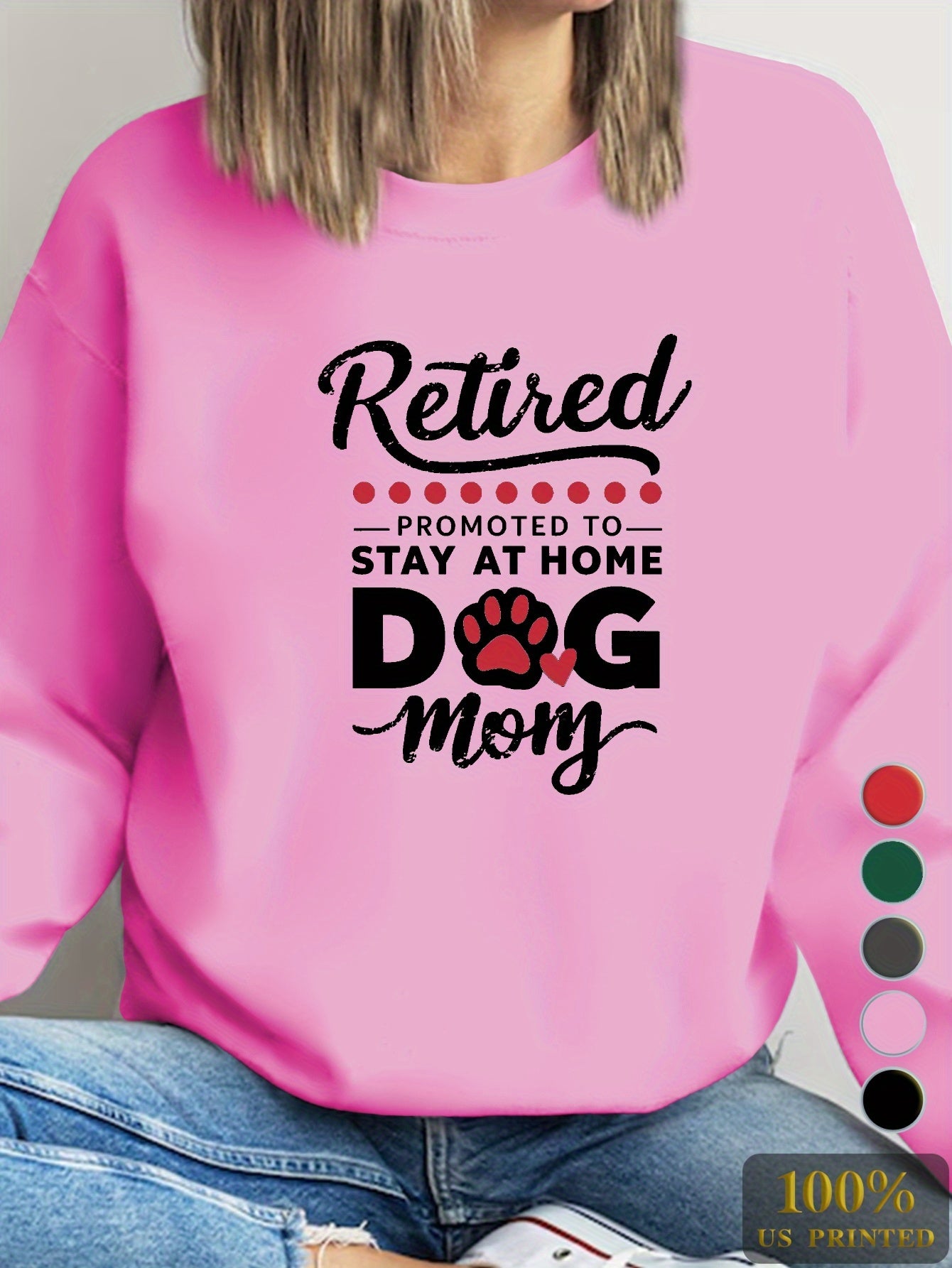 Casual Long Sleeve RETIRED DOG MOM Print Sweatshirt, Women's Crew Neck Clothing