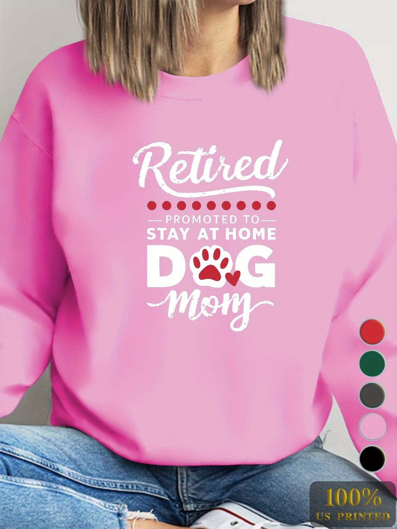 Casual Long Sleeve RETIRED DOG MOM Print Sweatshirt, Women's Crew Neck Clothing