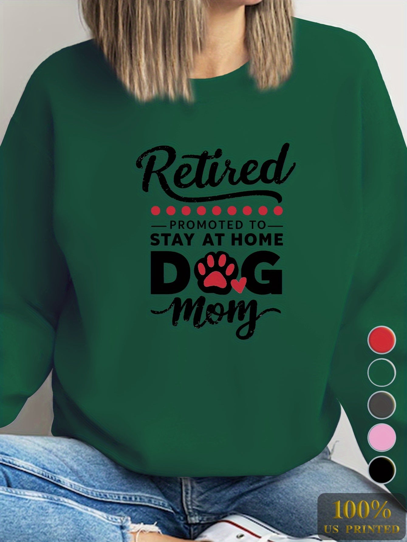 Casual Long Sleeve RETIRED DOG MOM Print Sweatshirt, Women's Crew Neck Clothing