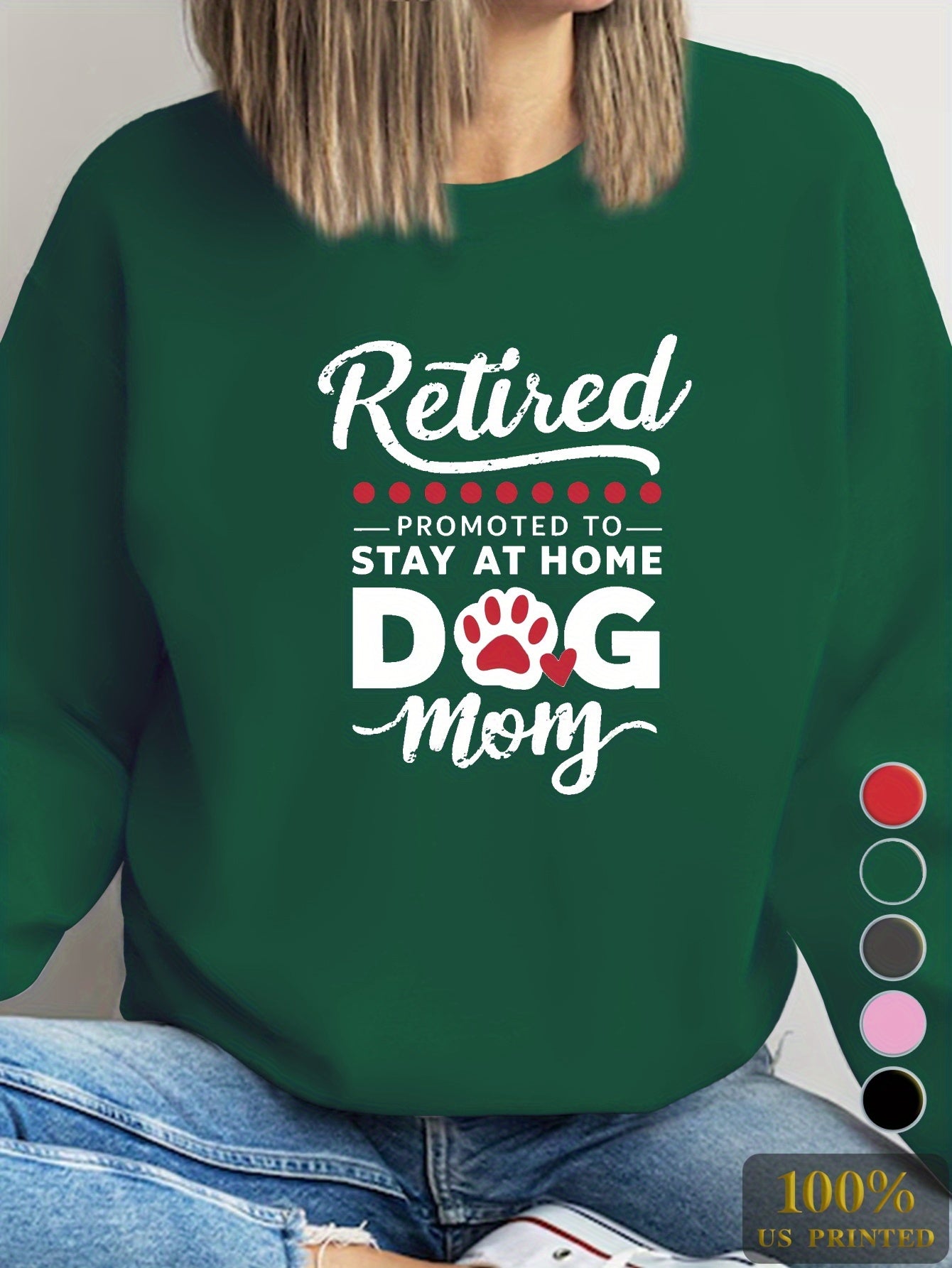 Casual Long Sleeve RETIRED DOG MOM Print Sweatshirt, Women's Crew Neck Clothing