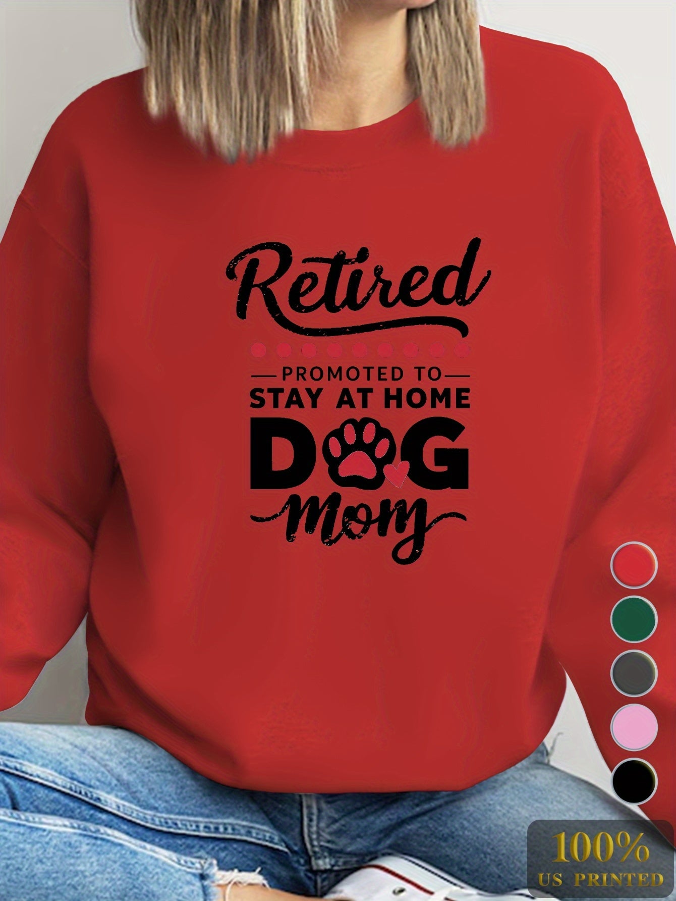 Casual Long Sleeve RETIRED DOG MOM Print Sweatshirt, Women's Crew Neck Clothing