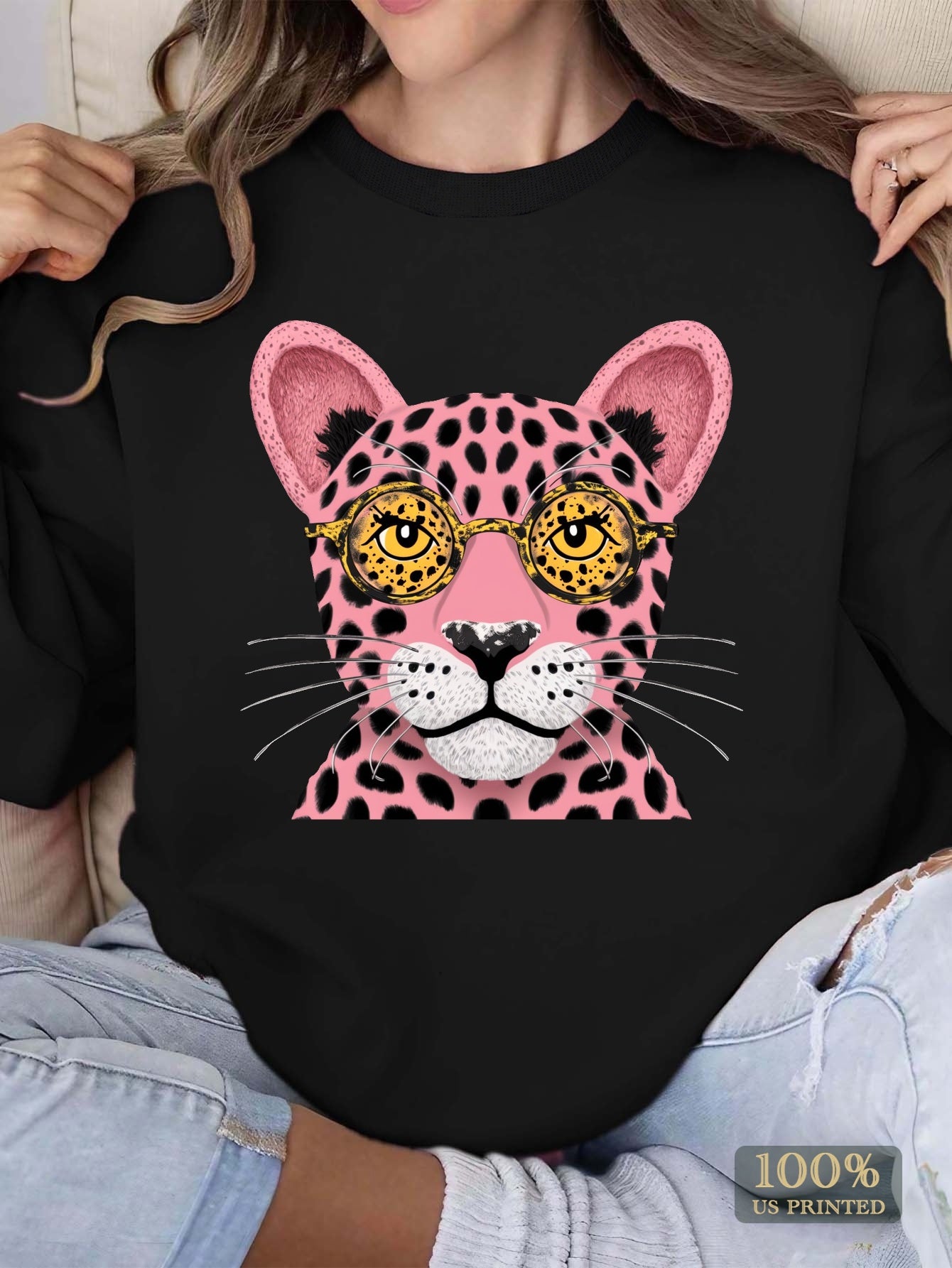Stylized pink leopard face women's sweatshirts