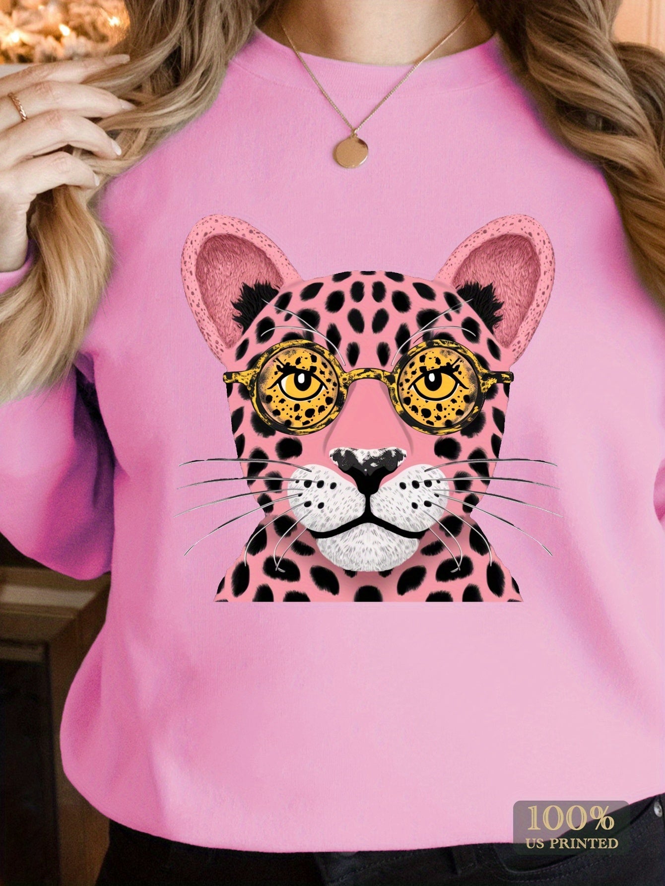 Stylized pink leopard face women's sweatshirts