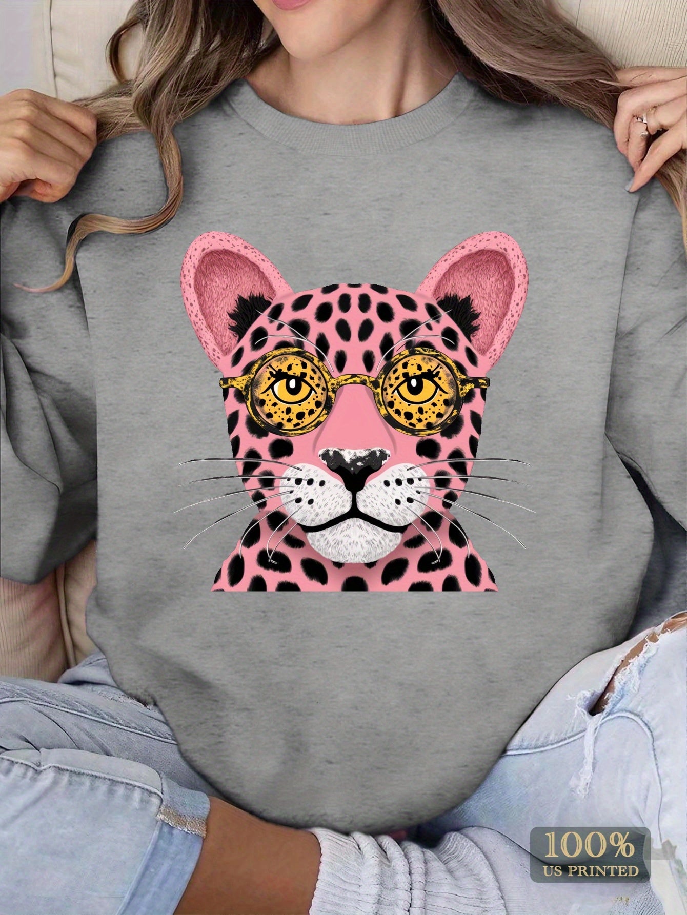 Stylized pink leopard face women's sweatshirts