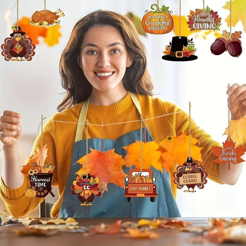 With Hemp Rope, Thanksgiving Turkey Maple Leaf Decorated Pendant, Wooden Pumpkin Maple Leaf Hat Hanging Decoration, Family Dinner Holiday Harvest Decoration