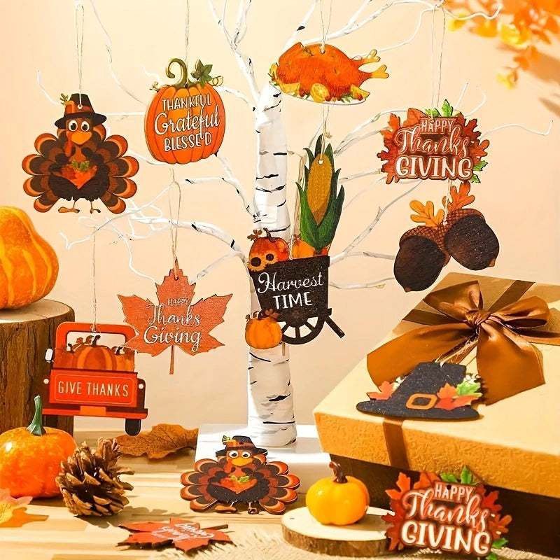 With Hemp Rope, Thanksgiving Turkey Maple Leaf Decorated Pendant, Wooden Pumpkin Maple Leaf Hat Hanging Decoration, Family Dinner Holiday Harvest Decoration