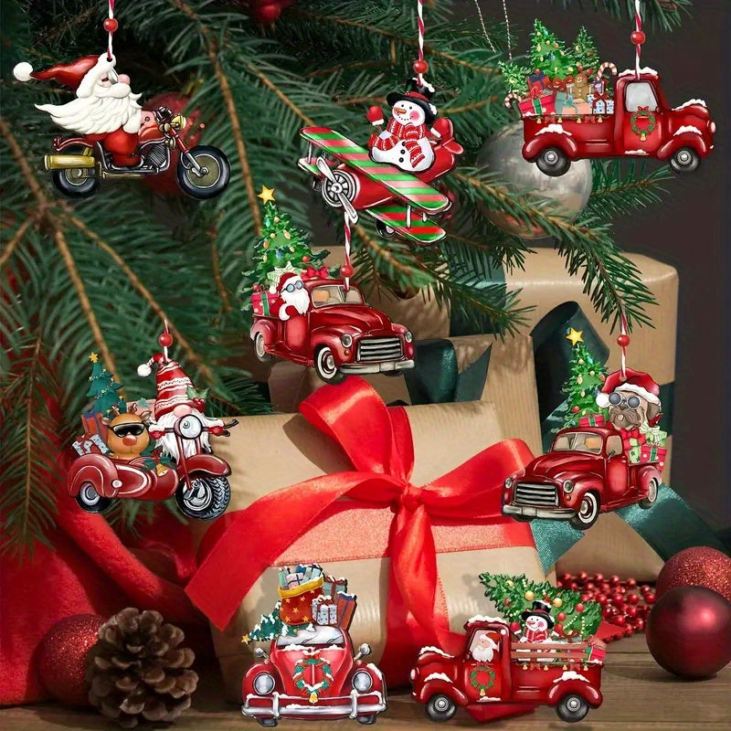 48pcs With Rope Christmas Truck Wood Ornaments - Red Truck Wooden Hanging Decor Gnomes Santa Claus Ornaments For Xmas Tree Decoration Holiday Parties Craft Supplies Living Room, Bedroom, Office, Window, Mantel, Tabletop Decor