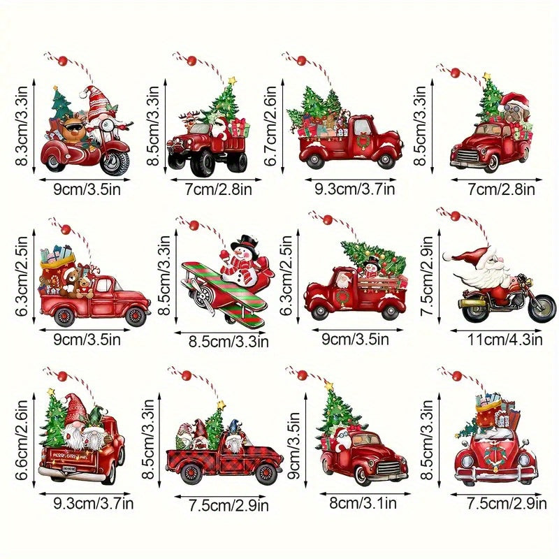 48pcs With Rope Christmas Truck Wood Ornaments - Red Truck Wooden Hanging Decor Gnomes Santa Claus Ornaments For Xmas Tree Decoration Holiday Parties Craft Supplies Living Room, Bedroom, Office, Window, Mantel, Tabletop Decor