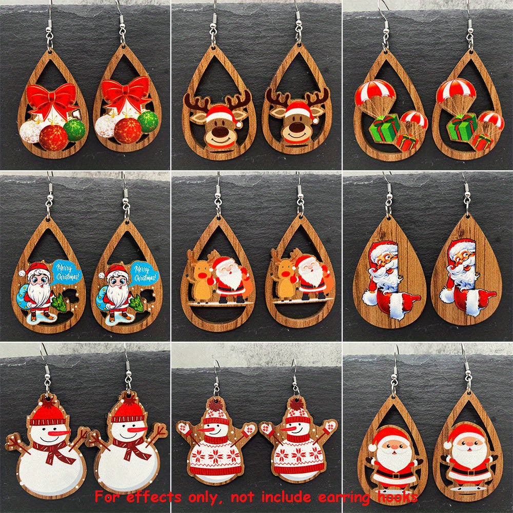 16 Styles Christmas DIY Wooden Pendants For DIY Earrings Cute Handmade Christmas Tree Snowman Elk Wooden Pendant Charms Accessories