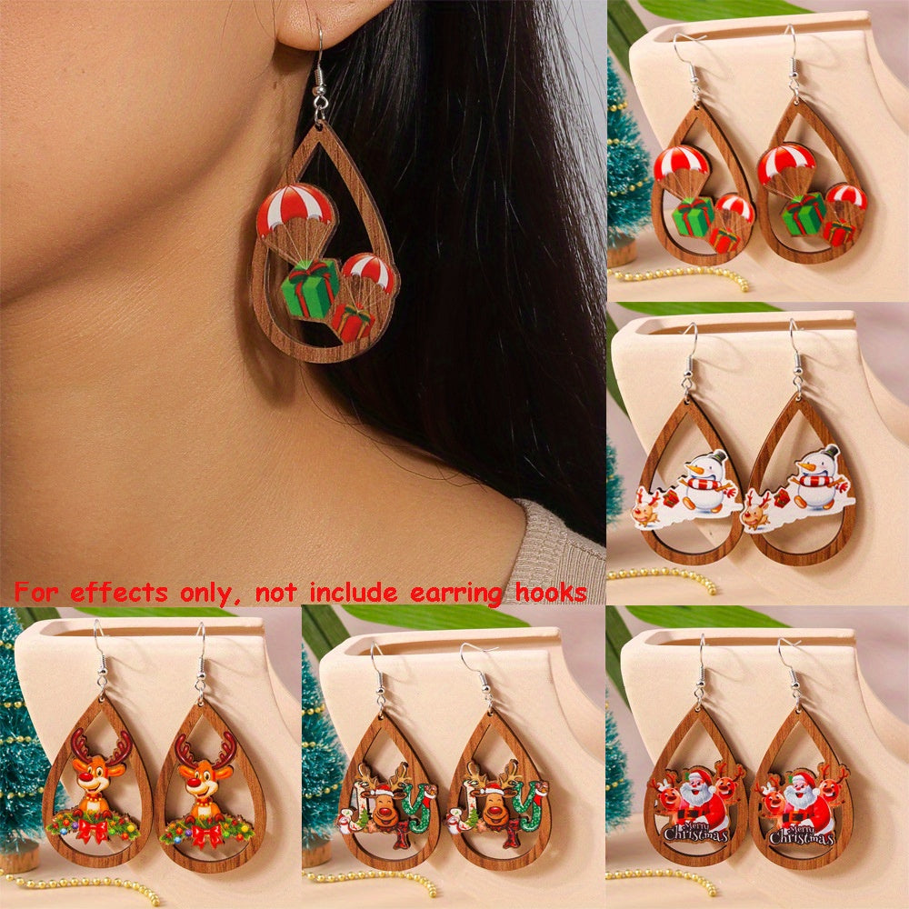16 Styles Christmas DIY Wooden Pendants For DIY Earrings Cute Handmade Christmas Tree Snowman Elk Wooden Pendant Charms Accessories