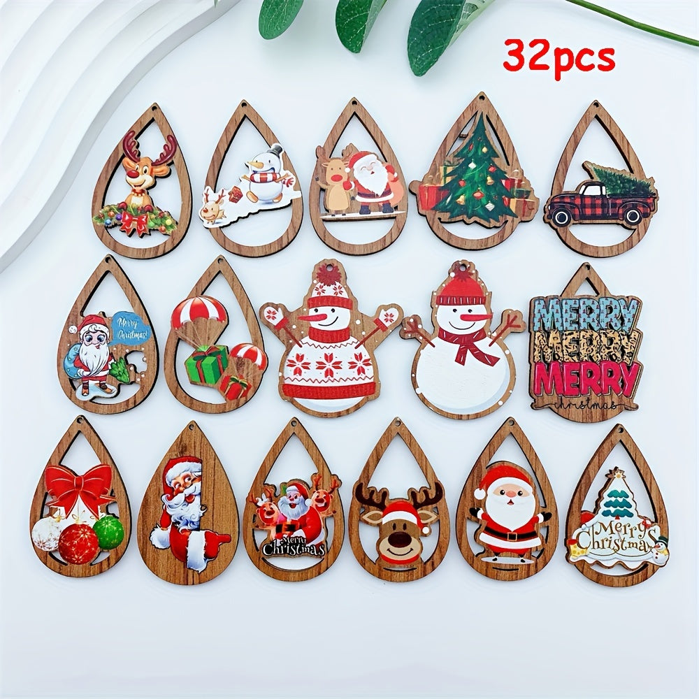 16 Styles Christmas DIY Wooden Pendants For DIY Earrings Cute Handmade Christmas Tree Snowman Elk Wooden Pendant Charms Accessories