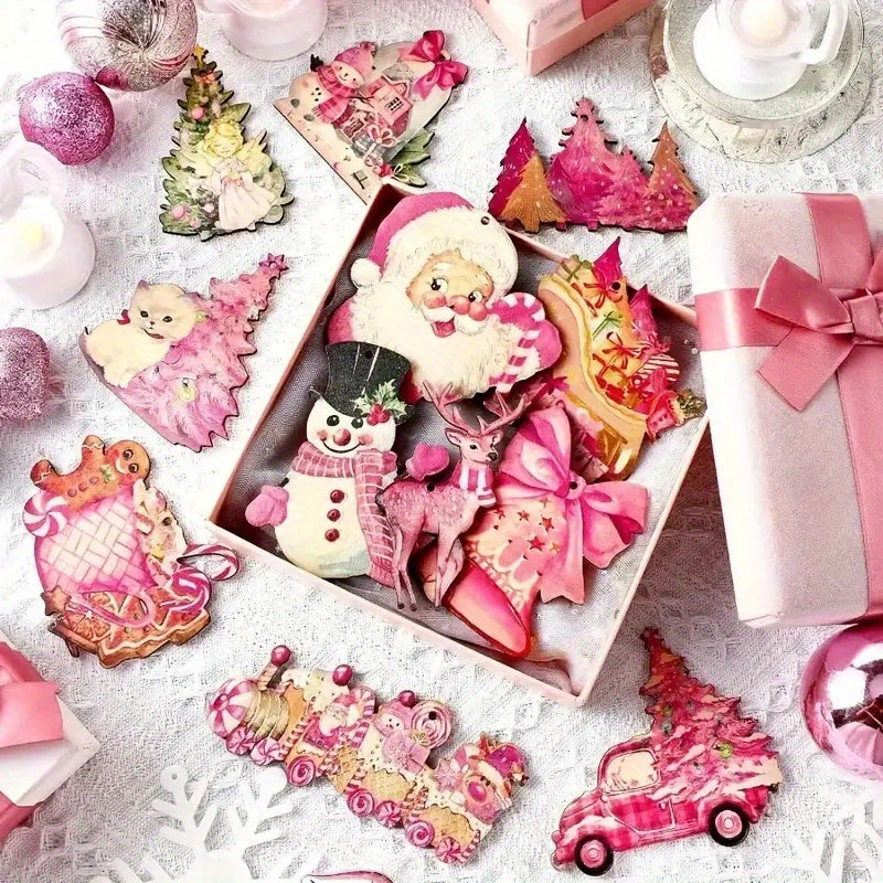 Pink Christmas Wooden Ornaments: Modern, Love-Themed, Christmas Tree Hanging Pendant, Santa, Animals, Evergreens, Snowman, Reindeer, Gingerbread Man, Bells Wooden Decorations for Seasonal With Ropes For Home Decoration
