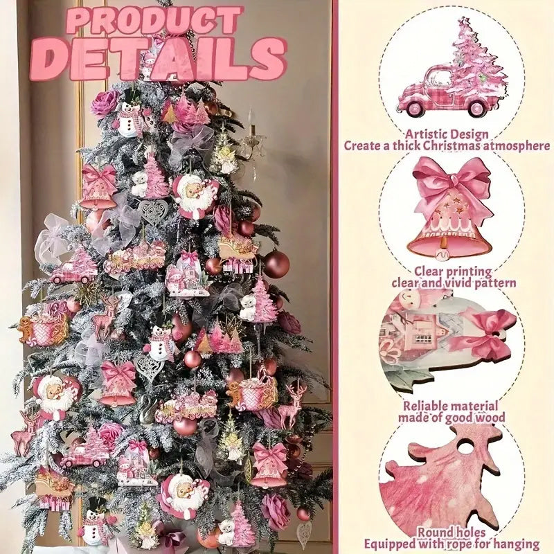 Pink Christmas Wooden Ornaments: Modern, Love-Themed, Christmas Tree Hanging Pendant, Santa, Animals, Evergreens, Snowman, Reindeer, Gingerbread Man, Bells Wooden Decorations for Seasonal With Ropes For Home Decoration